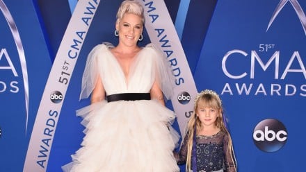 Pink in a white gown on the red carpet with her daughter Willow