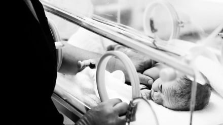 black and white photo of a baby in an incubator