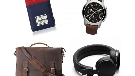 assorted christmas gifts for him: wallet, messenger bag, watch and headphones