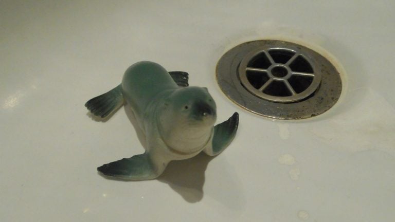 A toy seal next to a bathtub drain.