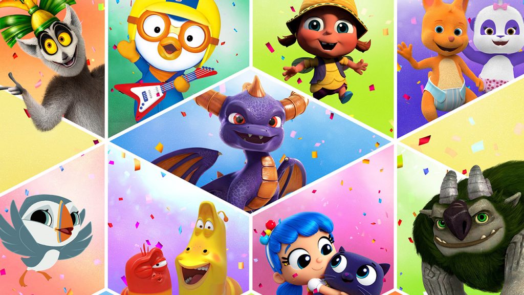 Collage of characters from multiple Netflix shows like All Hail King Julien, Skylanders Academy, Word Party and more