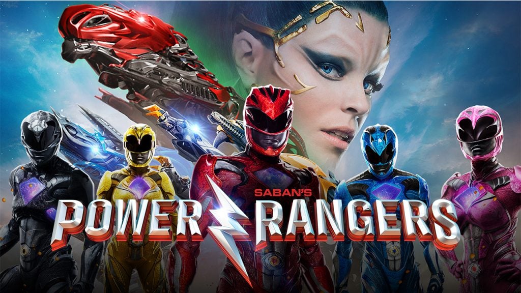 Promo image for the Power Rangers reboot movie. Shwos the Power rangers standing with the villian in the sky behind them