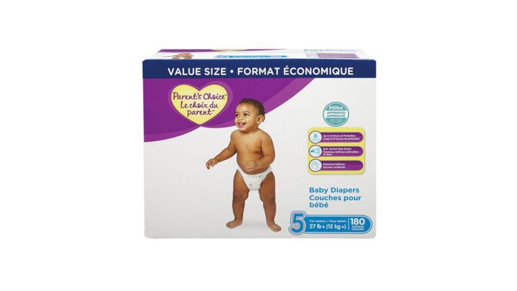 Box of Parent's Choice Baby Diapers in size 5.