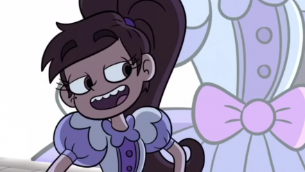 A cartoon princess with a large, brown ponytail and purple dress.