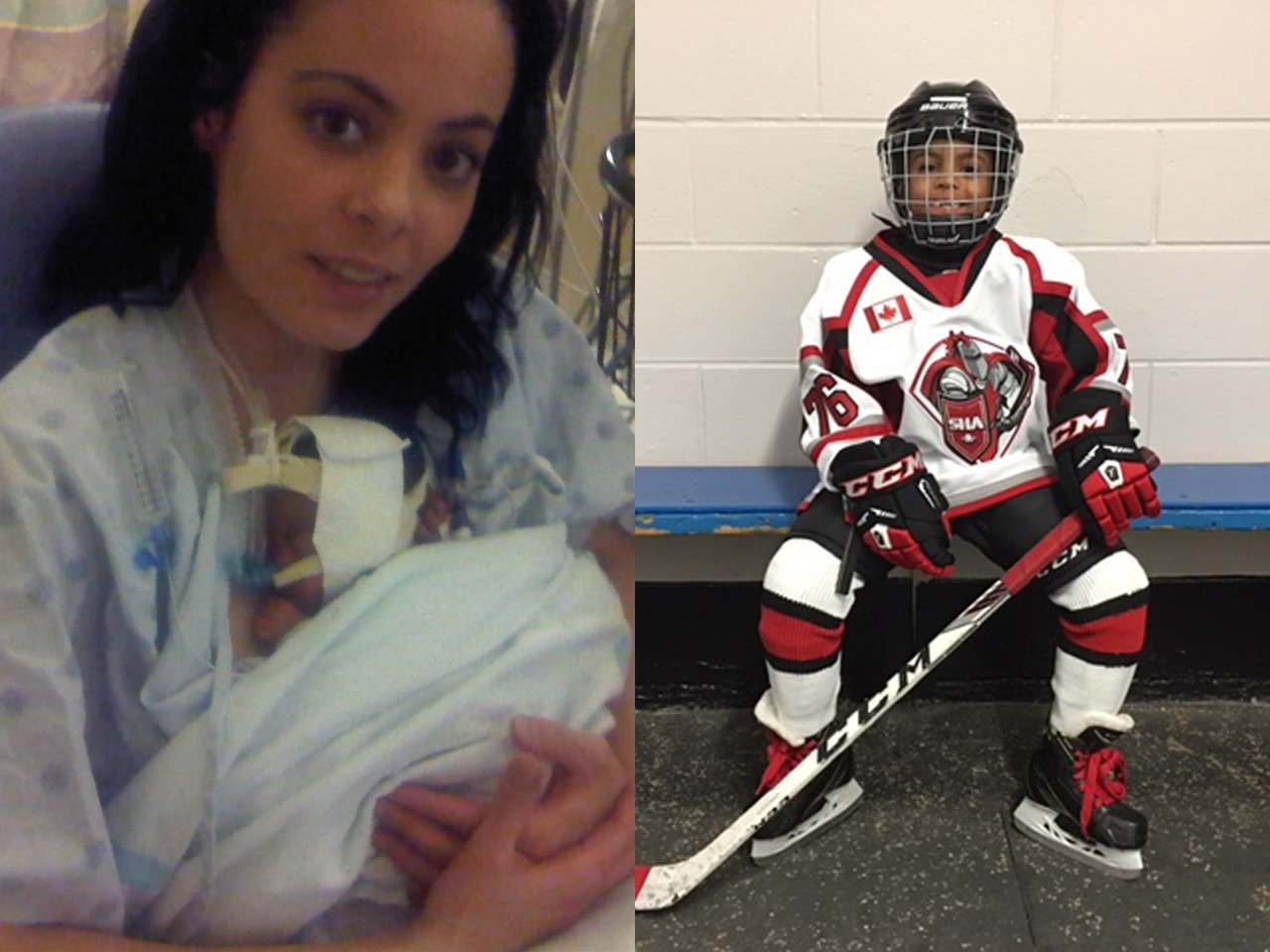Split photo, first of mom holding preemie baby in the NICU, second of little boy in full hockey gear sitting on locker room bench