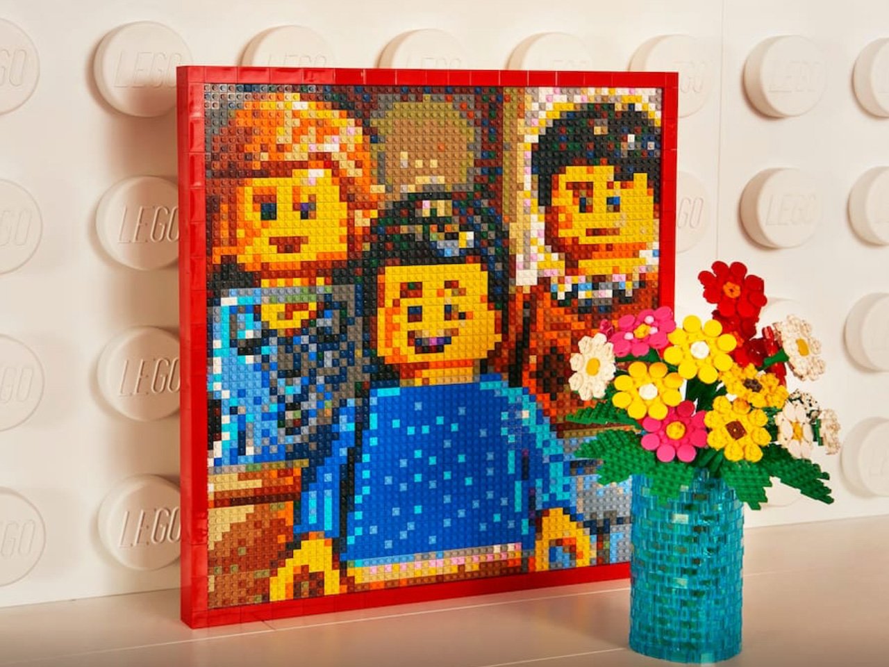 family portrait and floral arrangement made from Lego