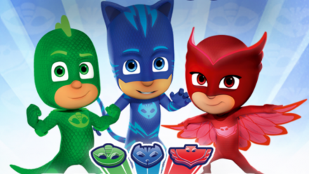 Three child-superheroes called the PJ Masks dressed in their costumes.