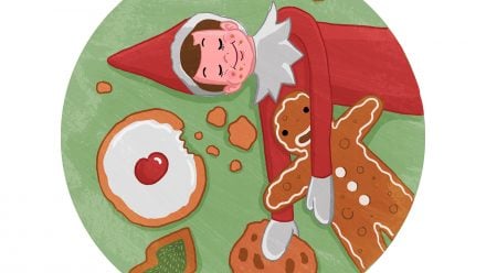 Illustration of an Elf on the Shelf doll hugging a gingerbread cookie while unconscious from a sugar coma
