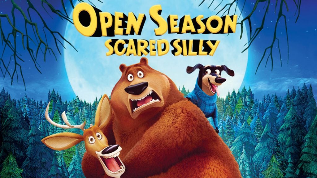 Promo image for Open Season Scared Silly. shows a bear and deer scared of a puppy in a sweater