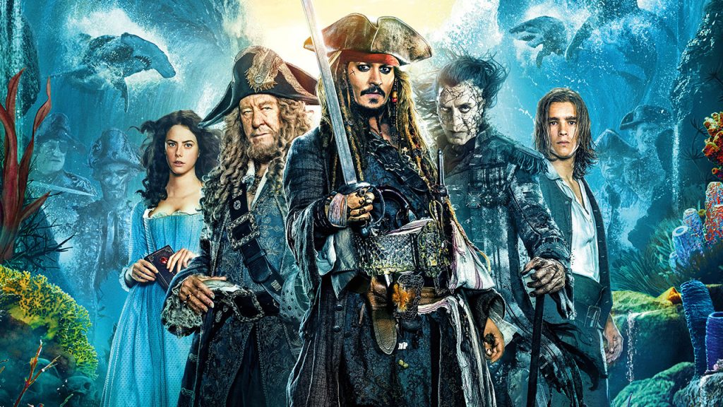 Promo image for the fifth Pirates of the Carribbean film. Shows Captian Jack Sparrow surrounded by other characters under water