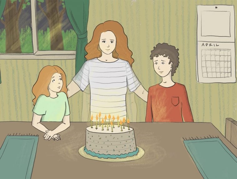 Illustration of a mother and two kids with a birthday cake