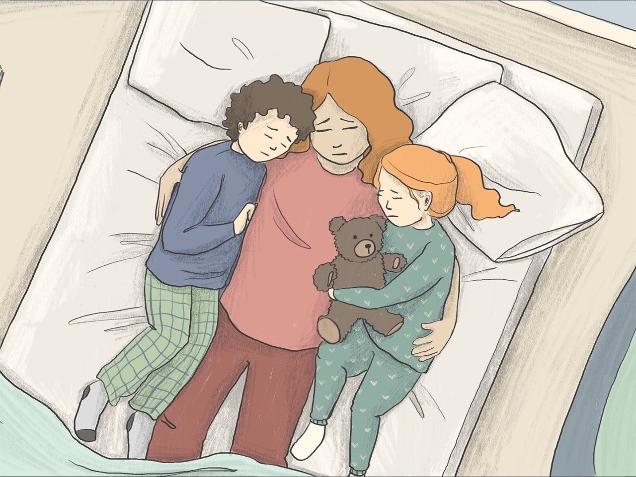 Illustration of a sad mother holding her kids