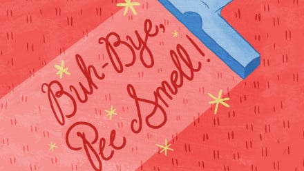 illustration of a vacuum on red carpet with words 'buh-bye, pee smell'