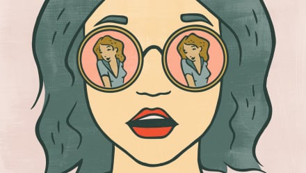 Illustration of a woman in sunglasses with the reflection of a pretty lady in her glasses