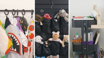 A collage of different storage solutions for kids' toys