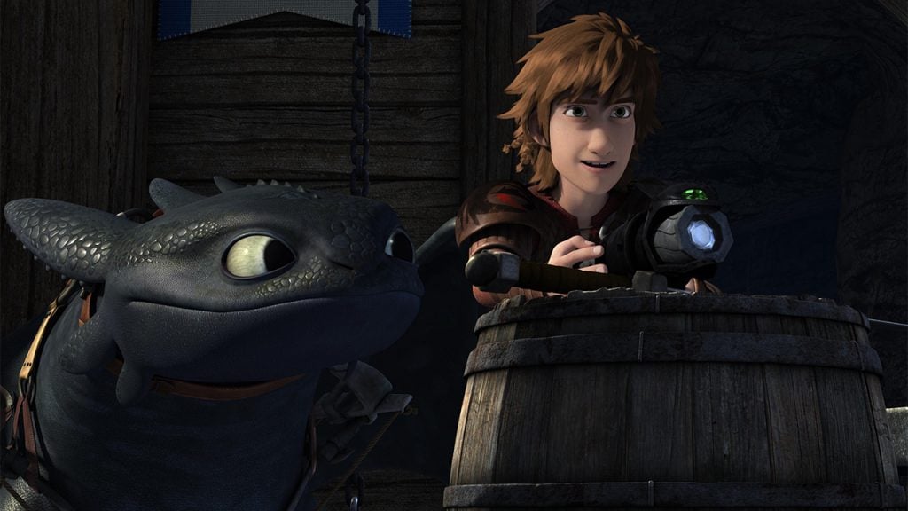 Hiccup and Toothless from the Dragons series point a scope into the sky