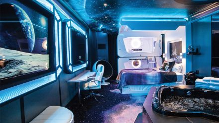 A hotel room layed out like a spaceship