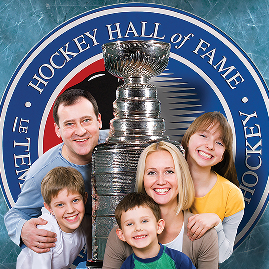 Family taking a picture with the Stanley Cup
