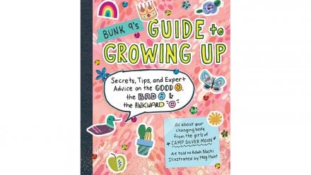 Cover art for Bunk 9's Guide to Growing Up. Looks like the front of a notebook with a pink background and cute stickers