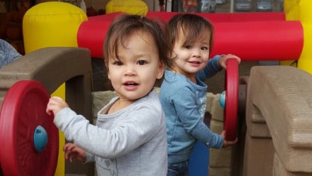 The authors twin daughters playing on a playground