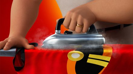 Promo image for The Incredibles 2 showing Mr. Incredible ironing his supersuit