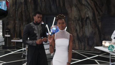 Screenshot from the movie Black Panther showing Princess Shuri leading her brother King T'Challa through her lab in Wakanda