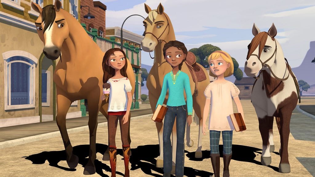 Promo image for Spirit Riding Free showing three kids followed by three horses