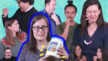 A bunch of people making faces after trying Kirkland foods