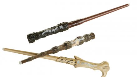 three interactive toy wands from Harry Potter