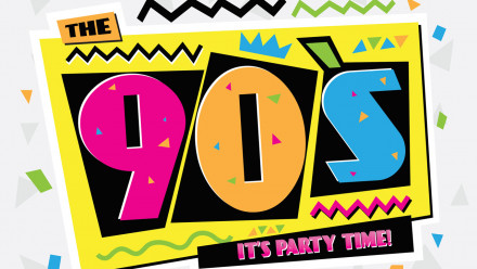'90s-style lettering in bright colours that reads: The 90s it's party time!