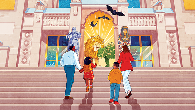 Illustrated cartoon of a family walking up the steps of the museum, with bats, a dinosaur and a lion peeking out from the entrance