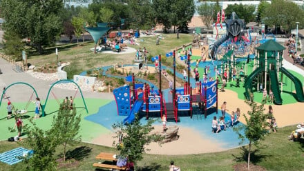 An overhead photo of Broadmoor park with several large play-structures