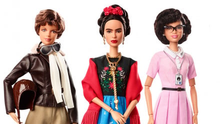 Photo of Barbie dolls made to look like Amelia Earhart, Frida Kahlo, and Katherine Johnson