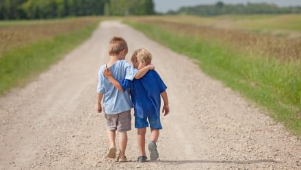 Two little boys walk down a country road with their arms around each other