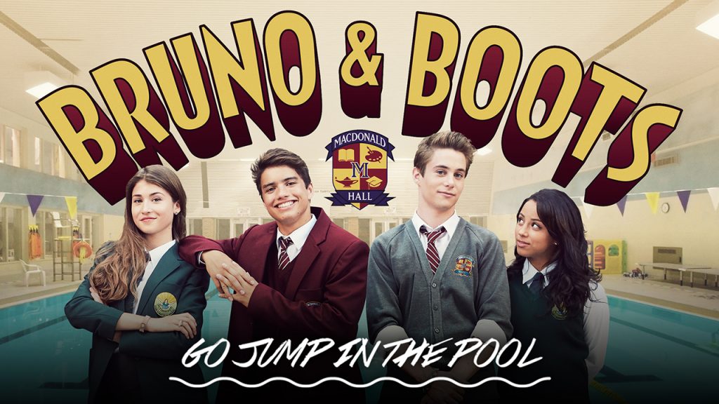 Promo for Bruno and Boots Go Jump in the Pool showing four kids in school uniforms standing in front of a pool