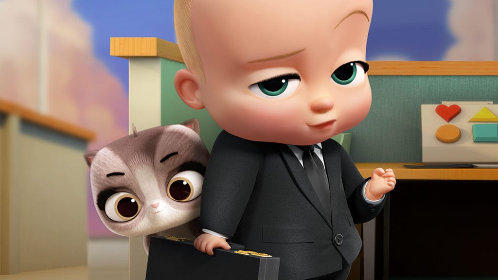 Promo image for Boss Baby Back in Business showing a boos baby in a suit with a briefcase and a cat peeking out from behind him