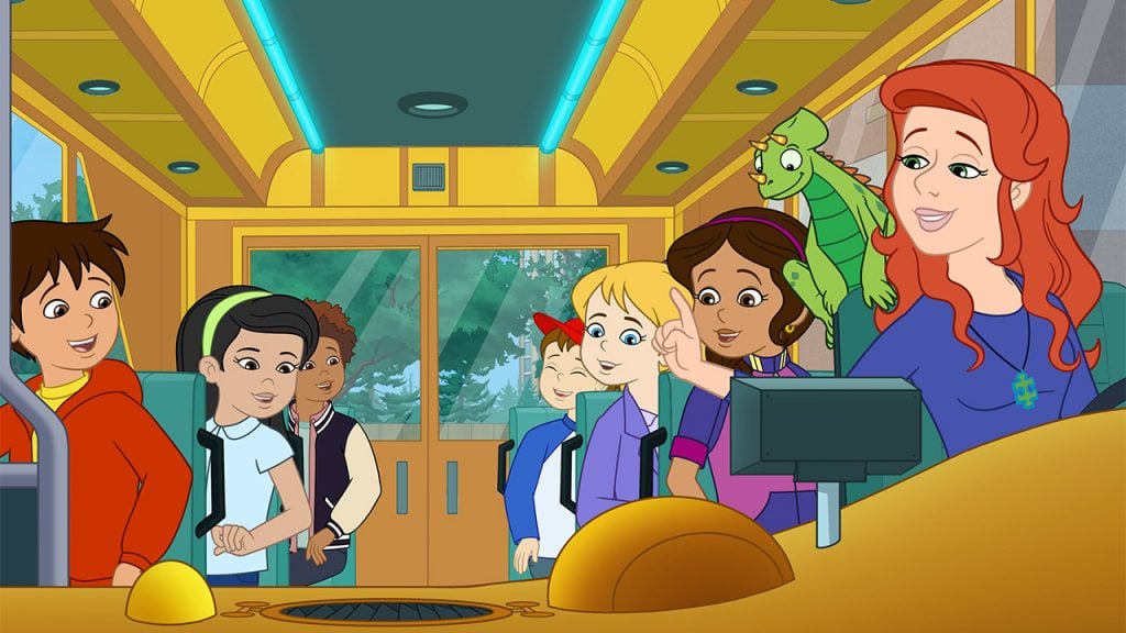 Promo image for The Magic School Bus Rides Again showing the kids on the bus with Ms. Frizzle