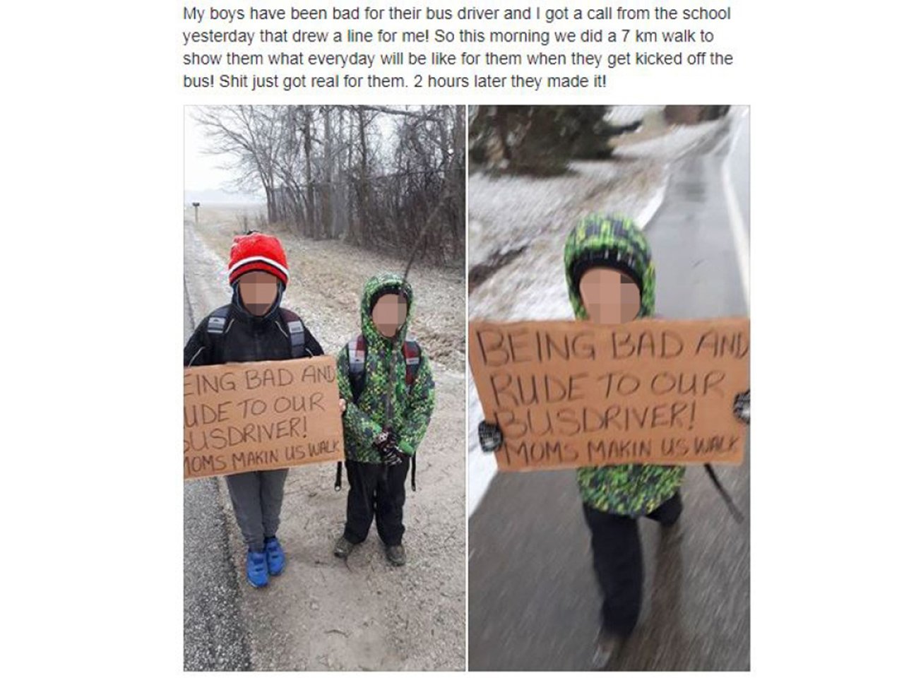 Screenshot of post from mom who made her kids walk to school holding a sign saying they were being rude to the bus driver