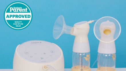 A meddle breast pump sitting on the counter