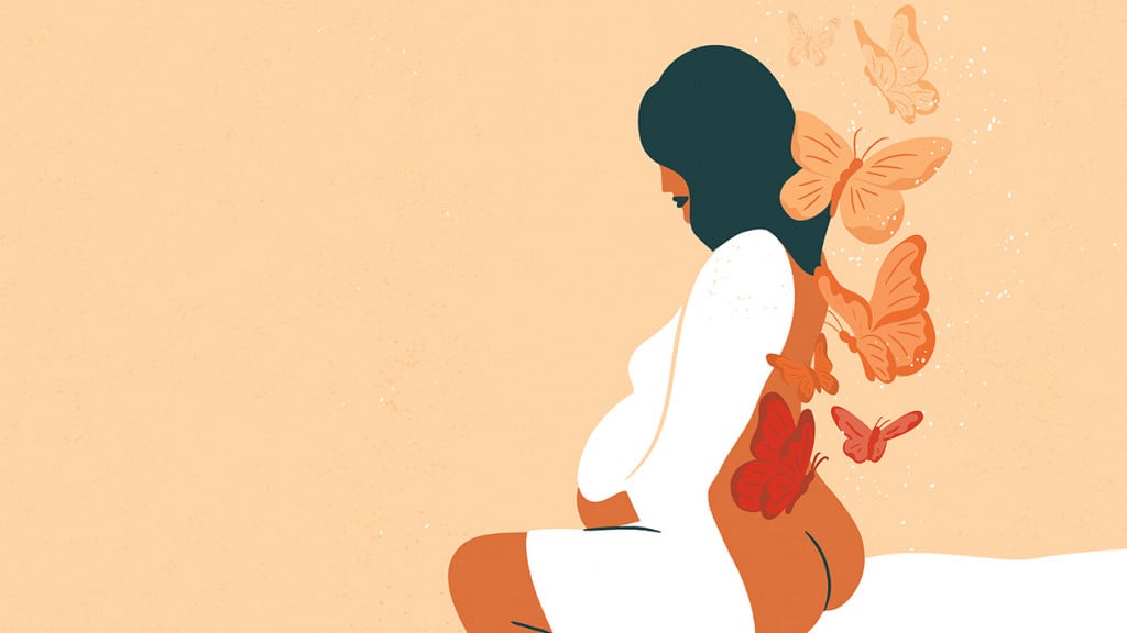 Illustration of a pregnant woman with her back exposed and orange butterflies behind her