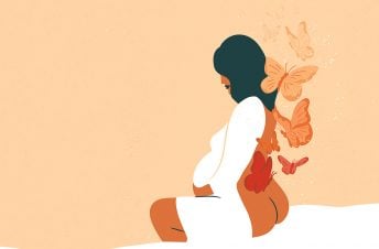 An illustration of a pregnant woman on a bed with butterflies coming out of her back