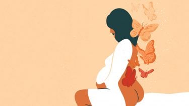 Illustration of a pregnant woman with her back exposed and orange butterflies behind her