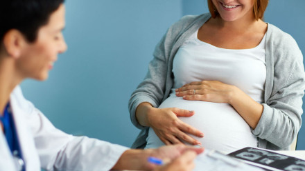 A pregnant woman sitting with the doctor at a clinic.