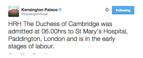 A tweet announcing Kate Middleton is in labour with the royal baby