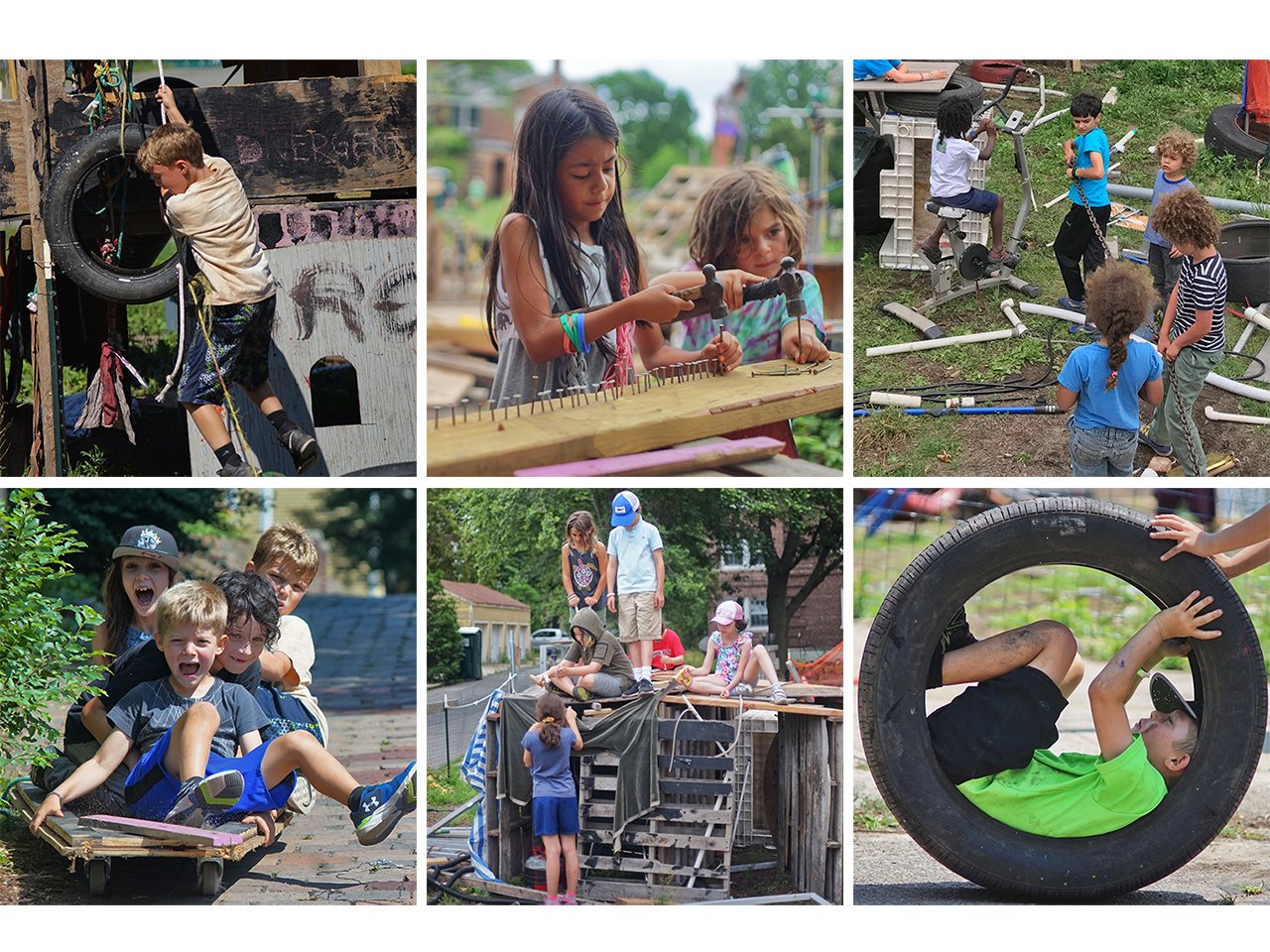 Six photos of kids playing at Play:ground on Governors Island