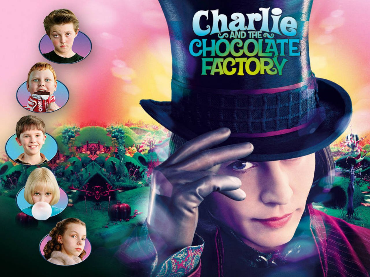 A movie poster for the kids' movie Charlie and the Chocolate factory 