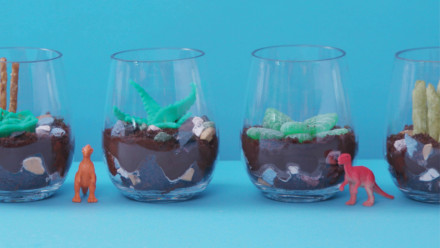 A row of pudding desserts with terrariums in them
