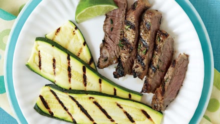 plate with grilled steak and zucchini slices