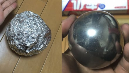 Before and after photo of a tin foil ball being polished till it shines