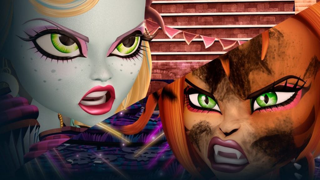 Promo image for monster high great scarier reef shoing two monster girls looking angry at each other